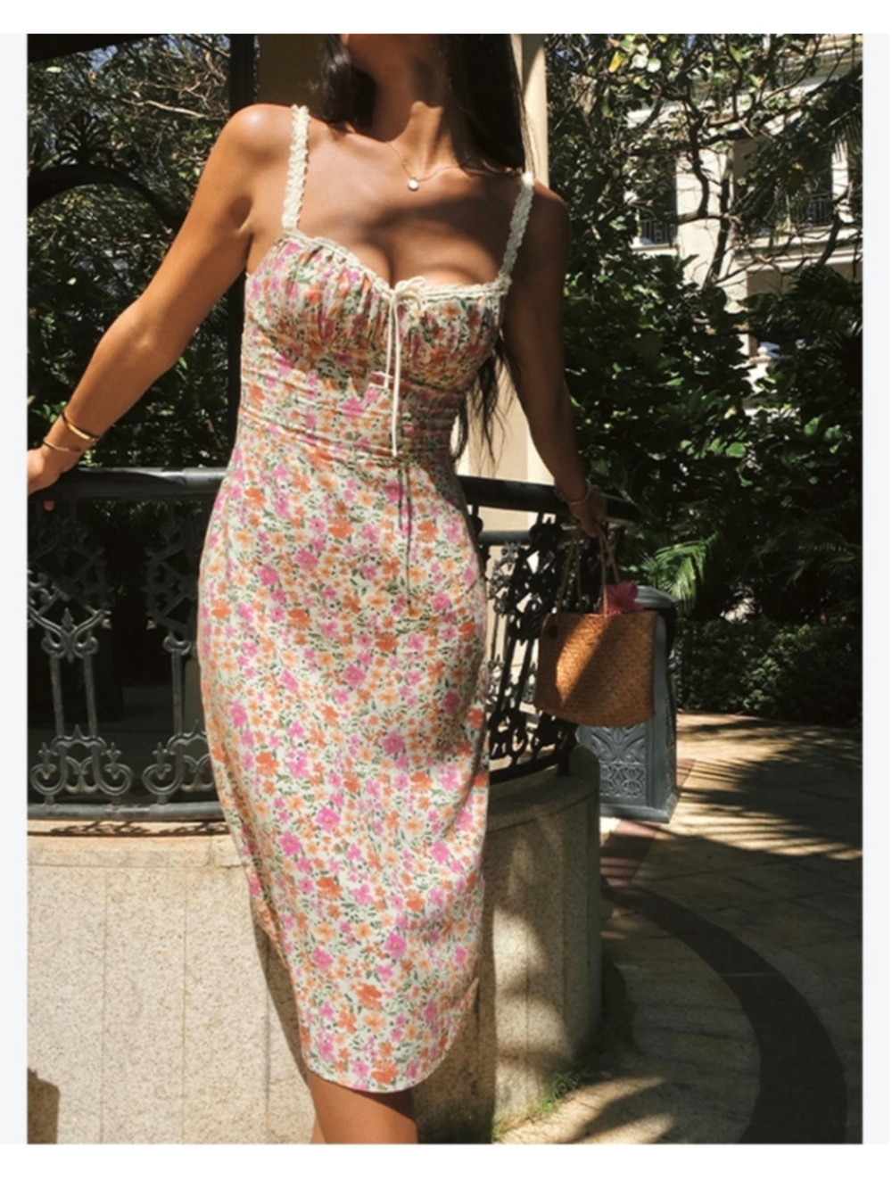 Commense Floral Lace Trim Cami Milkmaid Midi Dress XL Coquette Feminine Resort